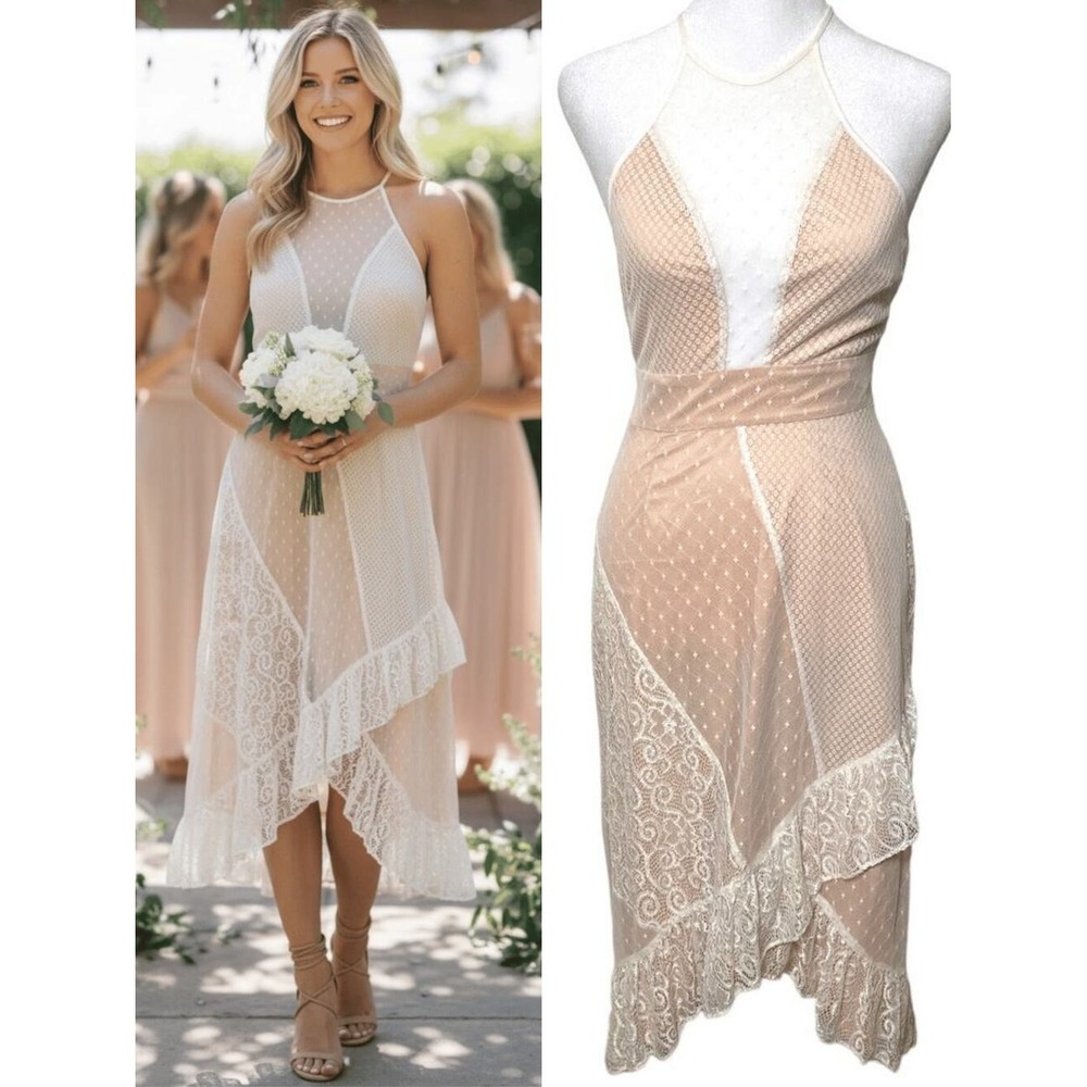 LIKELY White Nude Lace Midi Dress Bridal Wedding